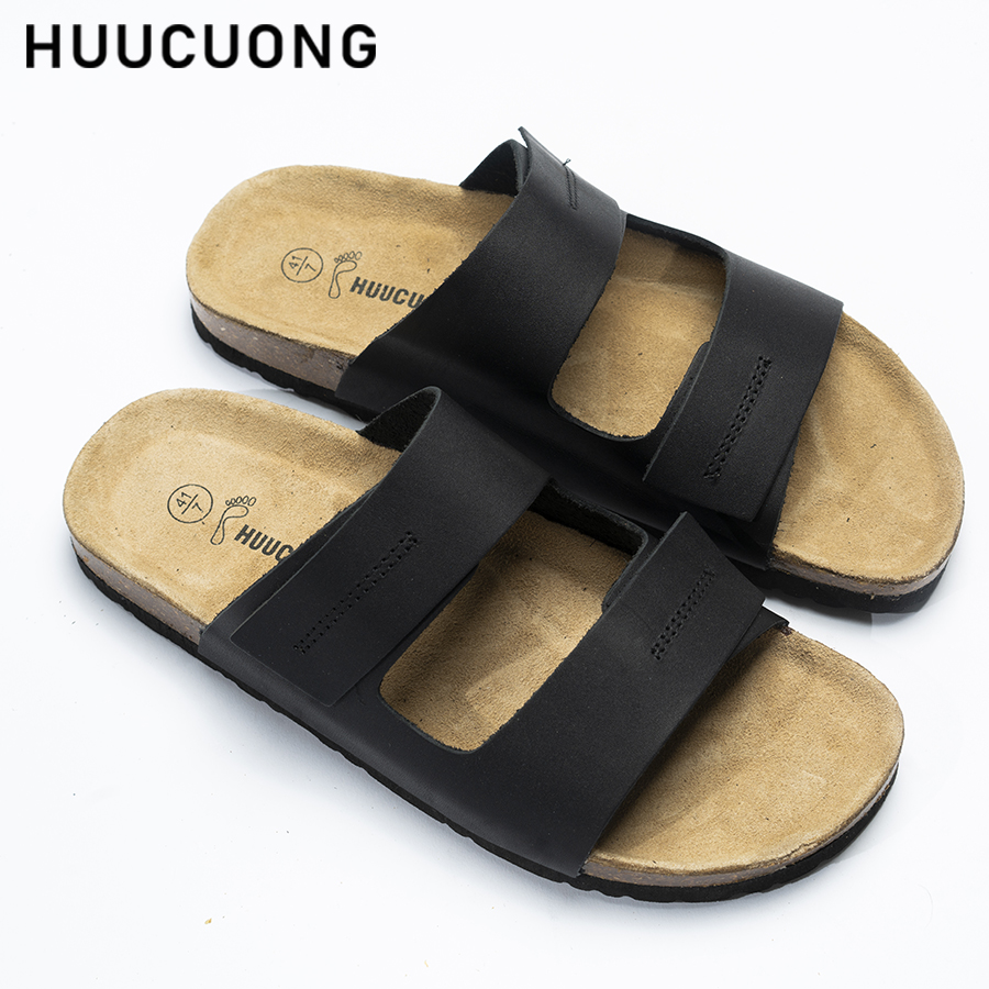 Dép nam dập chỉ da bò đen đế trấu