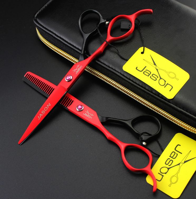 Kéo TỈA tóc tay trái JASON đỏ đen (1 CÂY TỈA) (tặng 1 bao da 1 chỉnh kéo 1 dầu tra kéo 1 lược toni guy)