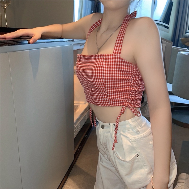 Áo croptop nữ kiểu cột nơ rút dây ca rô siêu hót (có mút ngực)
