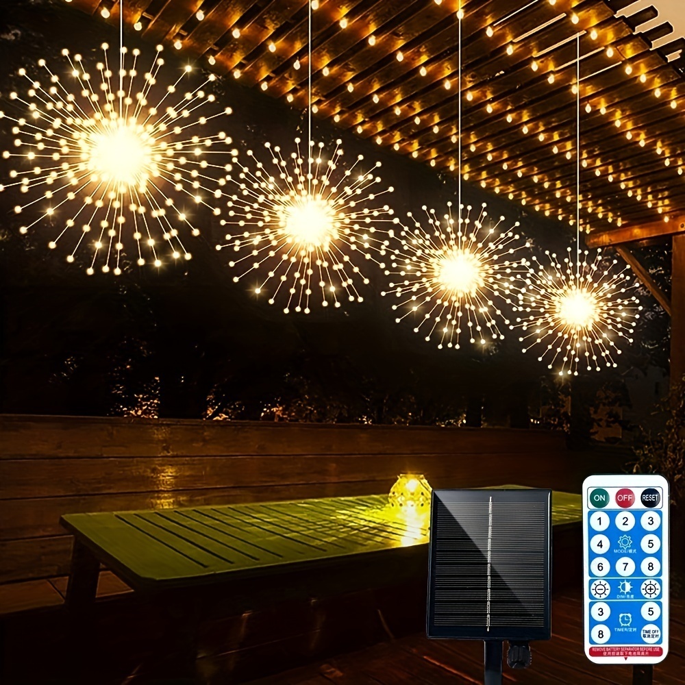 4 Pack Hanging Solar Firework Lights, 480 LED Starburst Lights, Copper Wire Outdoor Waterproof Lights, Timer 8 Modes Remote Control, Halloween Decorations Lights Outdoor, For Patio Umbrella, Eave, Garden Tree Christmas Lights