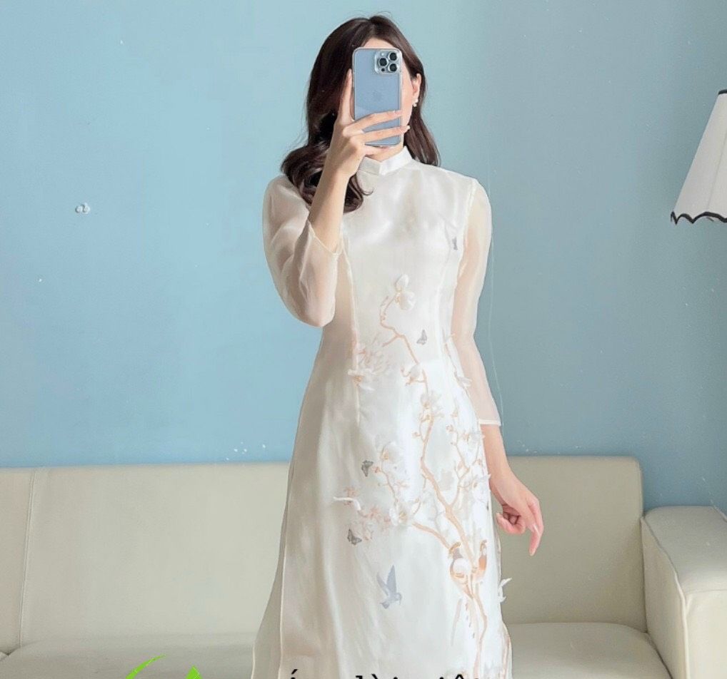 Áo Dài Truyền Thống Ivy Áo Dài Cách Tân Nữ Áo Dài Trắng Đính Hoa Mai Hoa Đào Nhẹ Nhàng Cho Nữ Tone Dáng Nâng Da Cực Xinh AD02