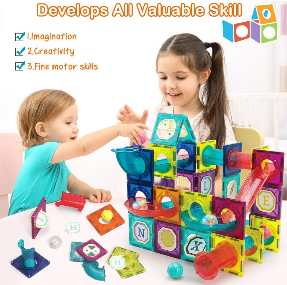 Magnetic Building Tiles 3D Building Blocks Construction Set Marble Run Magnet Blocks for Kids STEM Early Learning Toys Gif