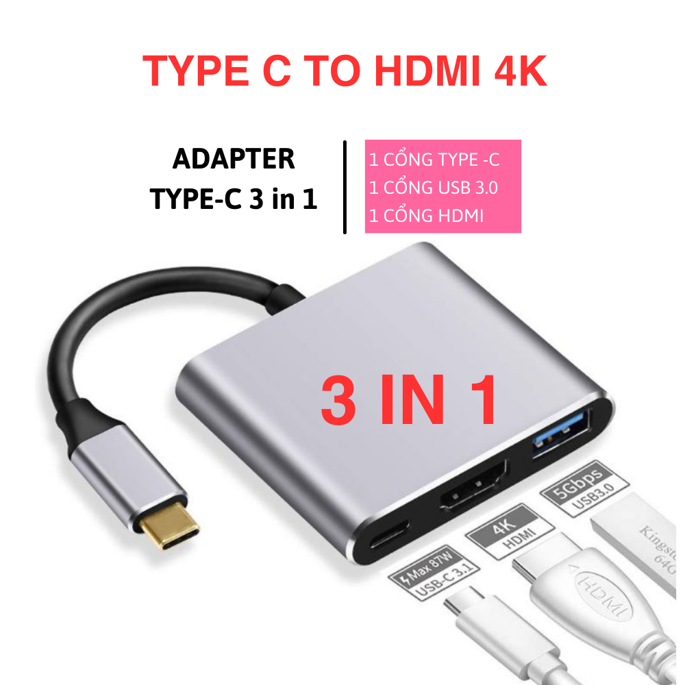 HUB USB C TO HDMI , USB ,PD 100W 3 IN 1 HỖ TRỢ SAM.SUNG DEX