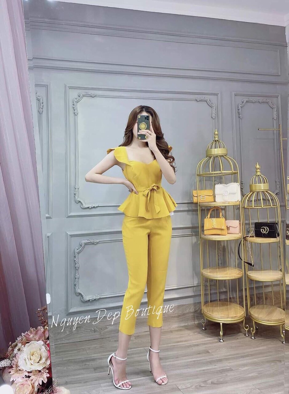 Set bộ nữ quần ống đứng kèm áo cánh tiên cột nơ eo