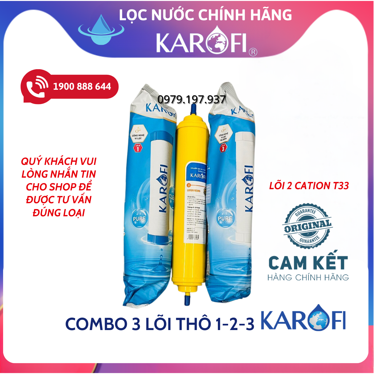 Combo 3 lõi lọc nước Karofi chính hãng: Lõi số 1, Lõi 2 nhỏ Cation vàng, Lõi số 3