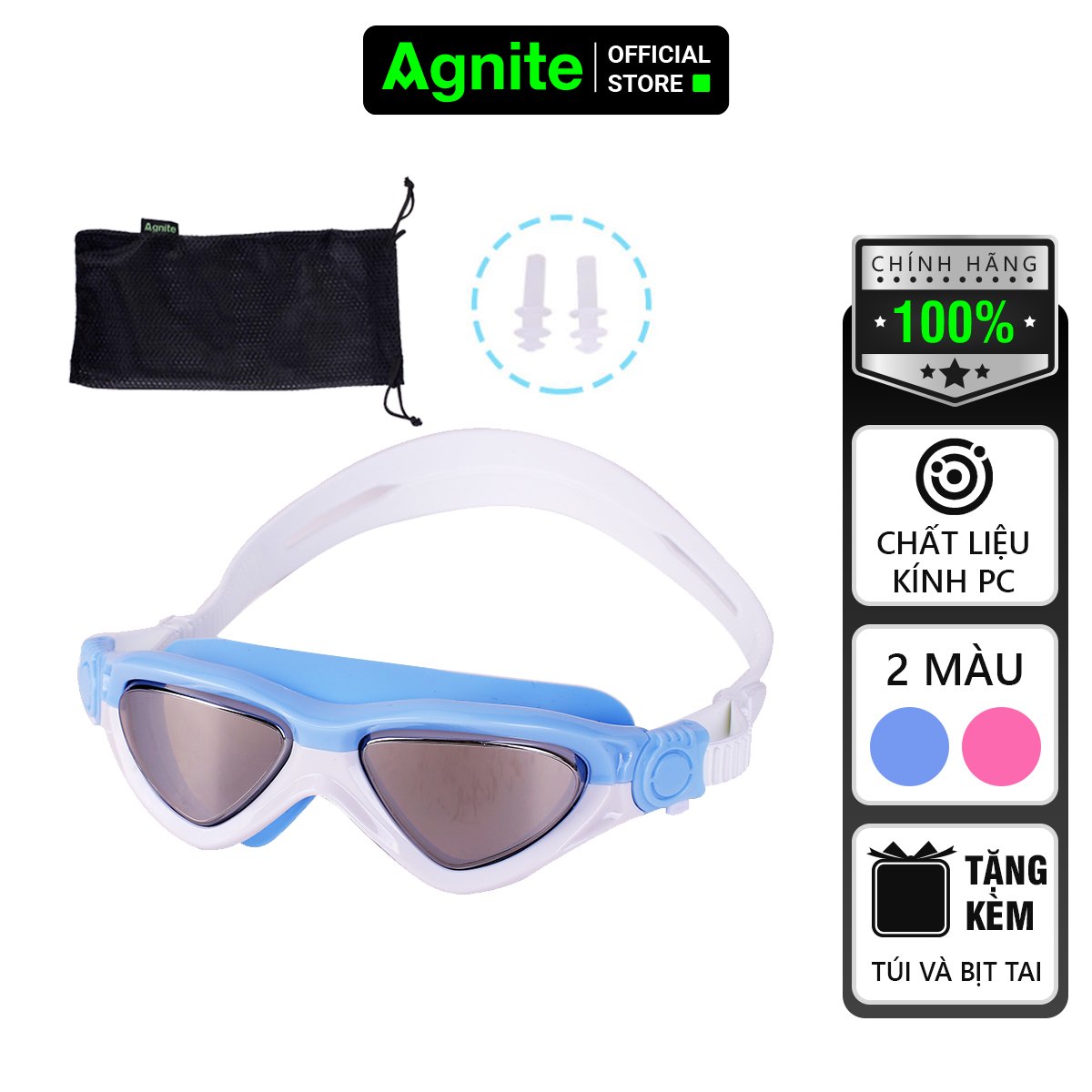 Kính bơi tráng bạc chống tia UV cho trẻ em Agnite tặng nút bịt tai túi