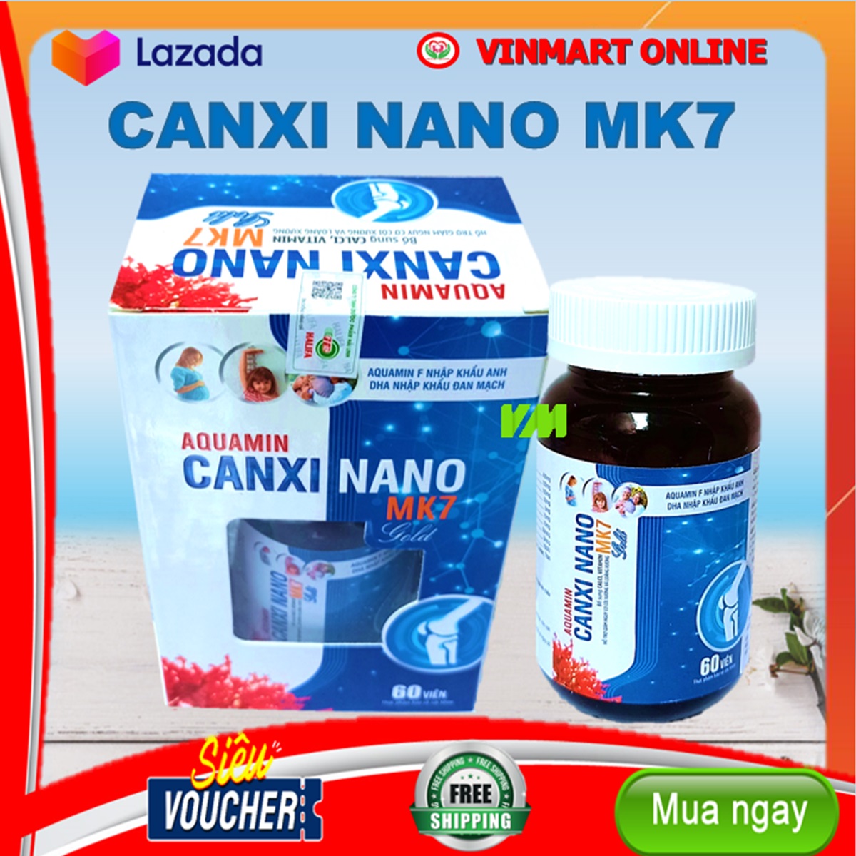 Viên Uống Bổ Sung Canxi, Vitamin D3, AQuamin Canxi MK7 Giup Phát triển chiêu cao ở trẻ, giảm loãng xương ở người lớn - Hộp 60 viên sử dụng cho trẻ em trên 6 tuổi, người lớn, phụ nữ có thai và đang cho con bú - Vitamin D3, AQuamin Canxi MK7