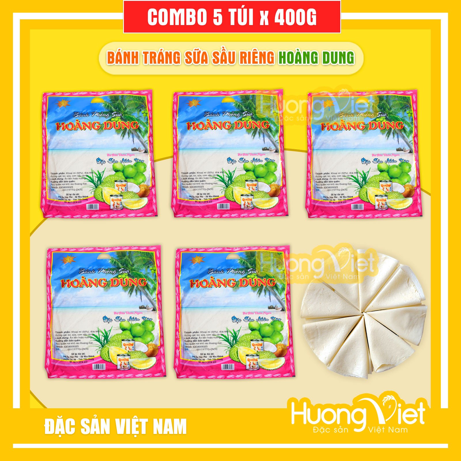 Combo 5 gói bánh tráng sữa Sầu Riêng Hoàng Dung 400gr, bánh tráng sữa Tiền Giang, bánh tráng sữa ăn liền