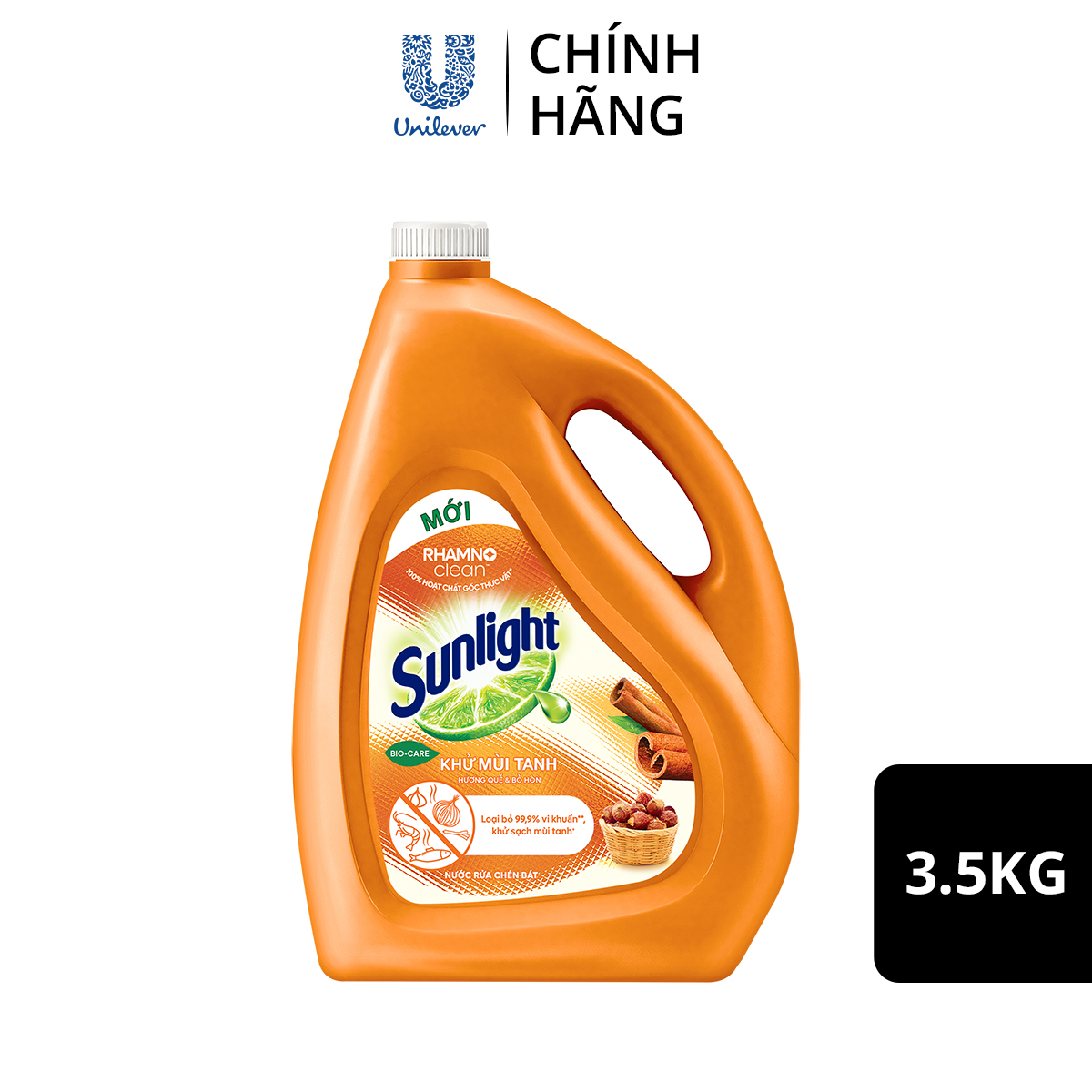 Nước rửa chén Sunlight Bio-care Khử Mùi Tanh Hương Quế & Bồ Hòn 100% Gốc thực vật Chai 3.5kg