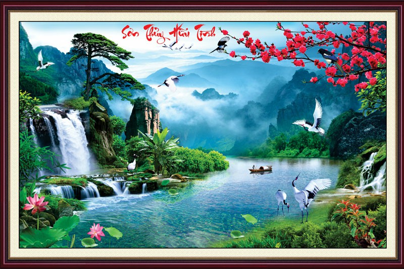 Tranh dán tường 3D Phòng Khách/ Sơn Thủy Hữu Tình/ Tranh Lên Màu Sắc Nét- Đóng Gói Cẩn Thận(Đã tích hợp sẵn keo),CT5