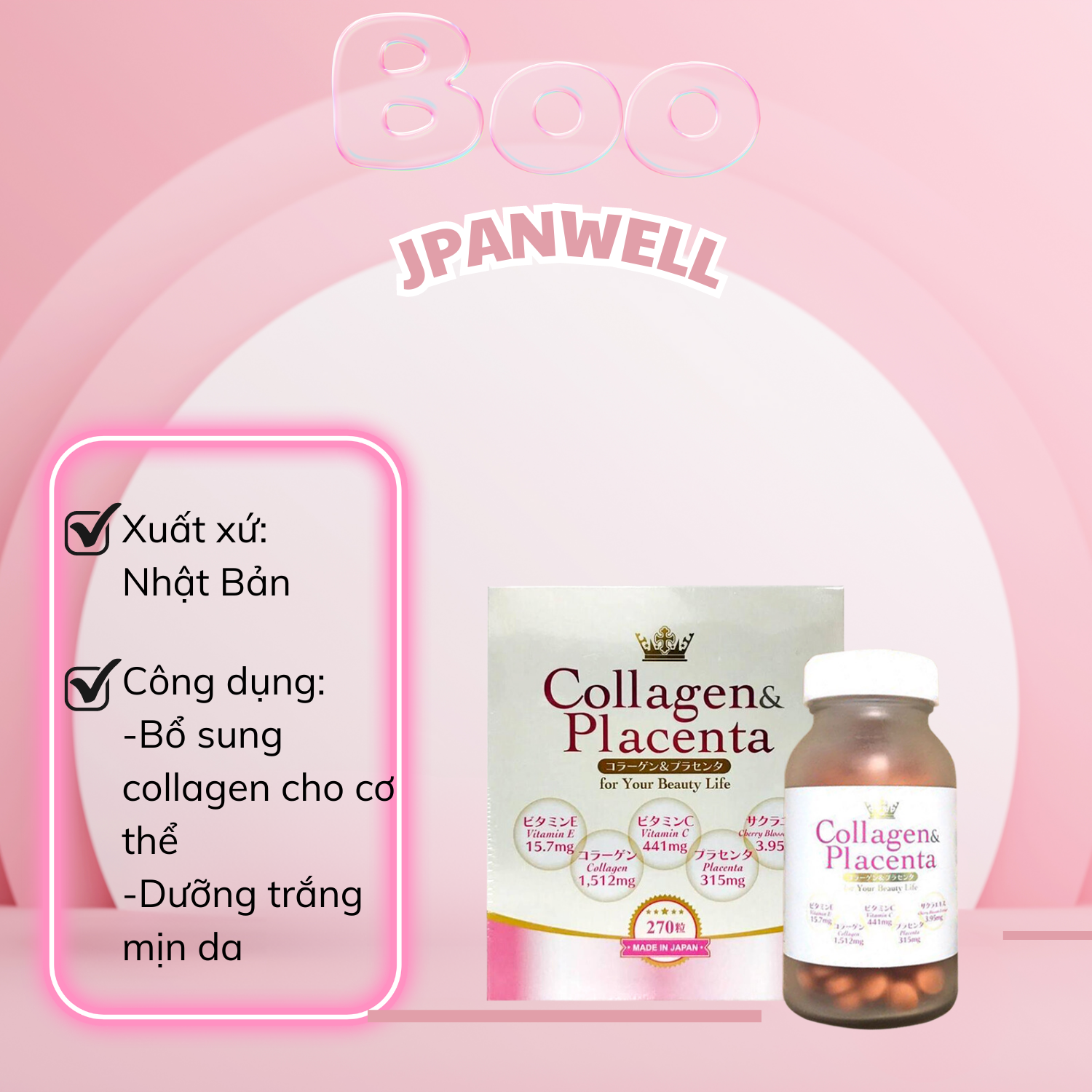 Viên uống trắng da Collagen & Placenta 5 in 1 Nhật Bản