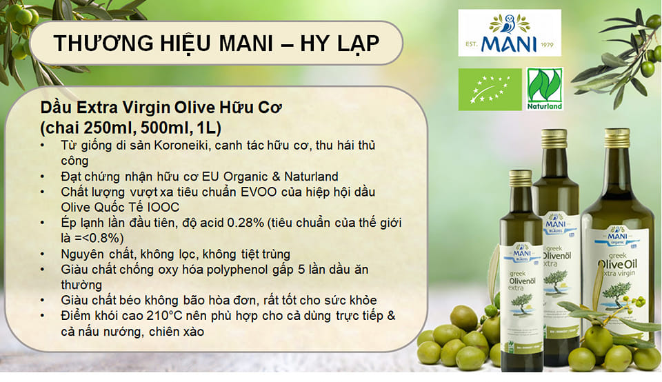 Dầu Olive Extra Virgin Hữu Cơ Mani 500mL