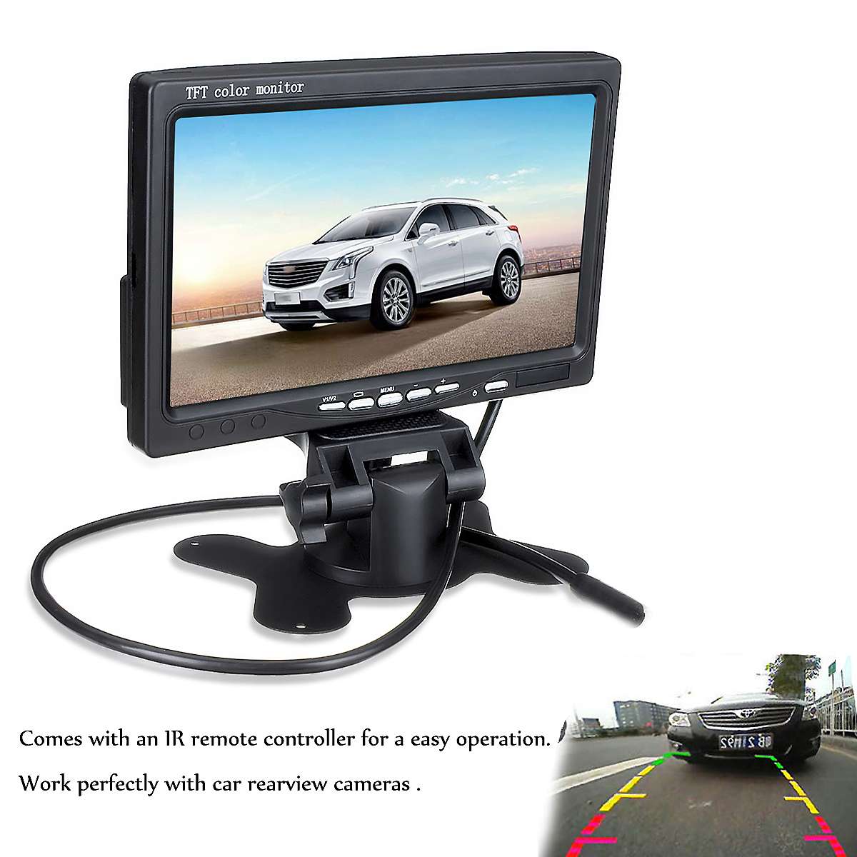 Màn hình hiển thị camera lùi, màn hình taplo 7 inch điện áp 12V-24V có 2 cổng AV, kèm điều khiển từ xa, màn hình màu dạng TFT-LCD cho hình ảnh camera sắc nét