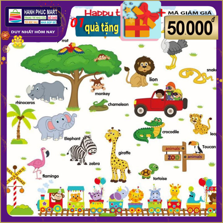 Sticker Tranh Dán Tường Decal dán tường kết hợp Các con thú và tàu hỏa tiếng anh SK9084+SK9011. Công nghệ in mới bền màu và sắc nét