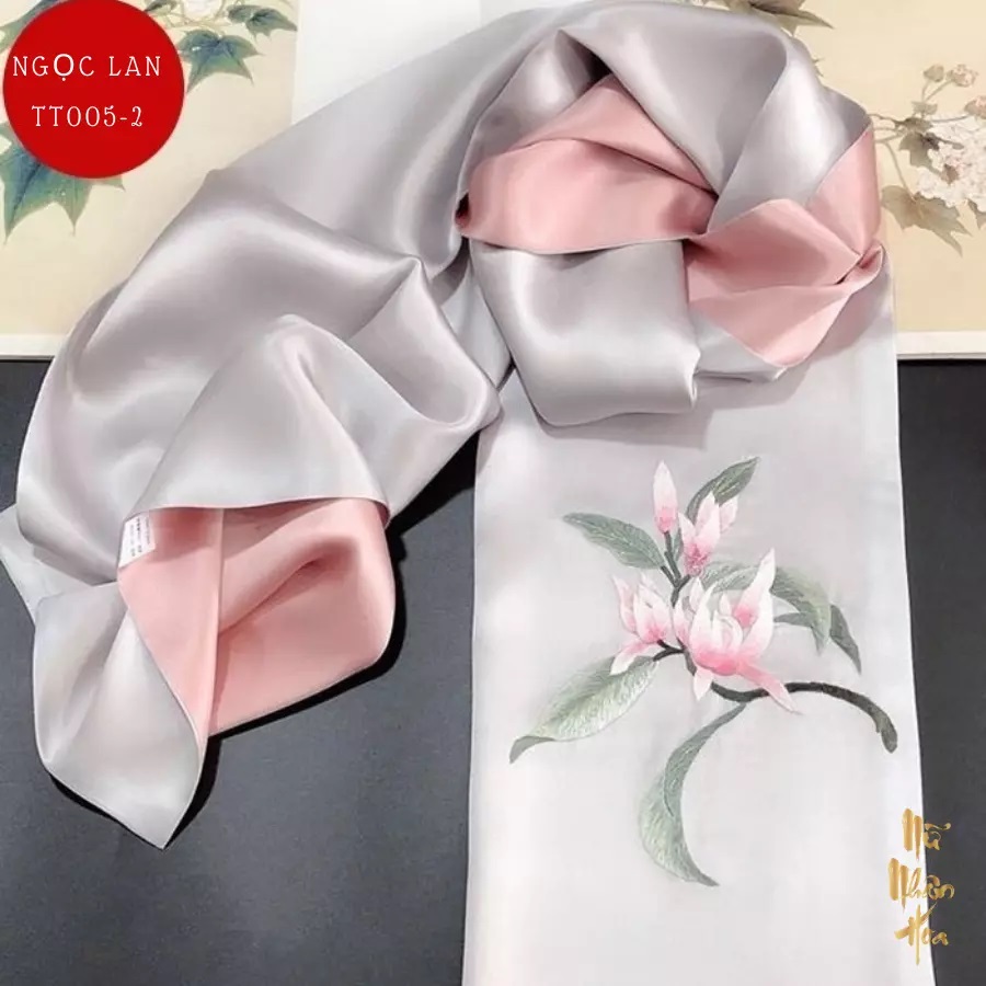 TT005 Khăn Lụa Thêu Tay Cao Cấp Hoạ Tiết Hoa Ngọc Lan