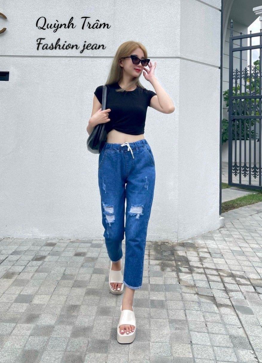 [35-67kg] Quần Jean Baggy Nữ Mẫu Rách Lật Lai Màu Xanh Đậm Có Bigsize