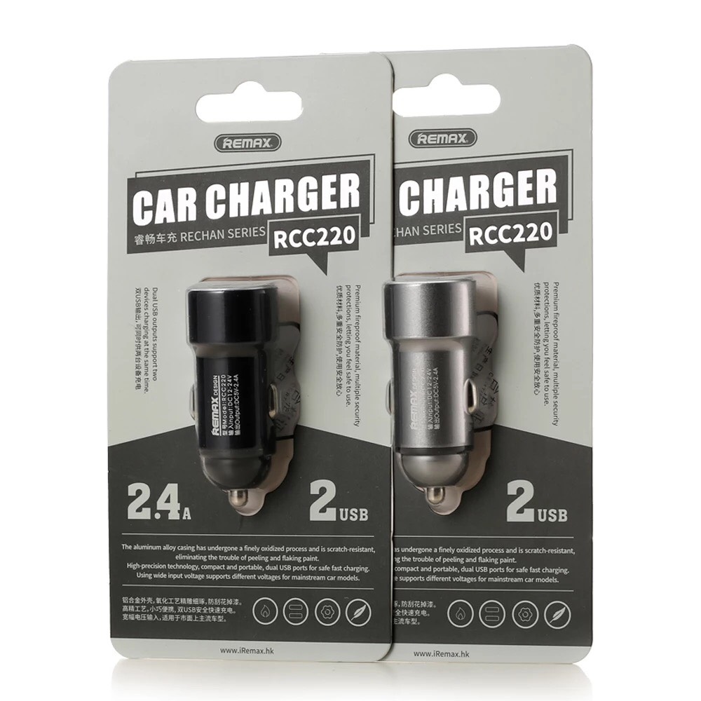 Cốc củ sạc nhanh ô tô xe hơi 2 hai cổng usb vỏ nhôm rcc220 remax 2.4a rcc 220 🌟chính hãng🌟