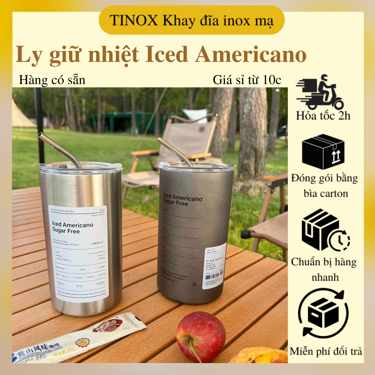 Ly giữ nhiệt Iced Americano TINOX Cốc inox 304 2 lớp giữ nhiệt có ống hút uống ly uống nước coffee cute mini 300ml 600ml