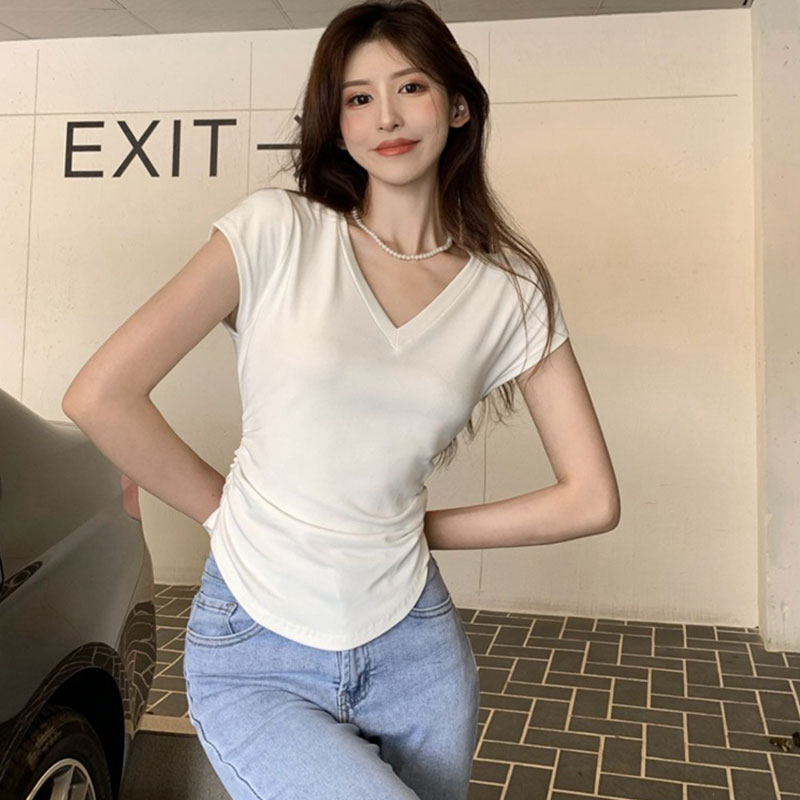 Áo thun nữ nhúng eo, cổ tim, tay ngắn JE0020