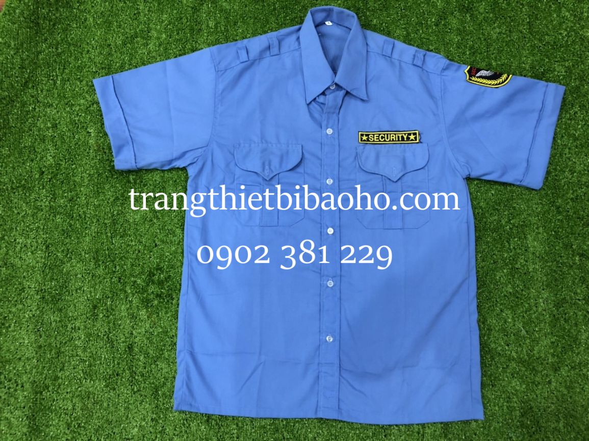 Áo đồng phục bảo vệ màu xanh dương may kèm 2 logo - đủ size