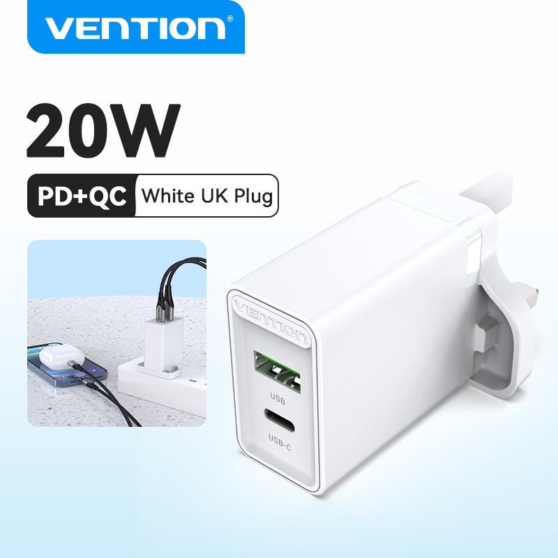 Vention Quick Charge UK QC 3.0 USB 18W USB-C 20W Wall 3A high current Two-ports USB Wall Charge For iPhone Samsung OPPO Vivo Xiaomi Fast Charging Adapter