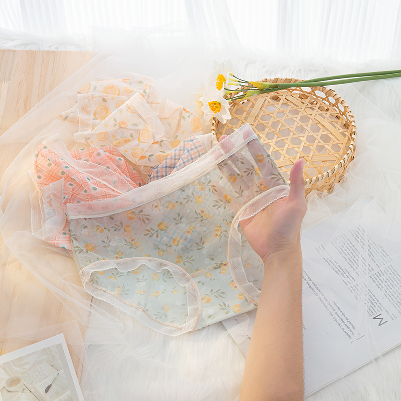 Quần lót nữ voan lụa su lưới tàng hình họa tiết hoa lá cạp thấp bản lưng không viền dễ thương freesize 55kg - KAShop