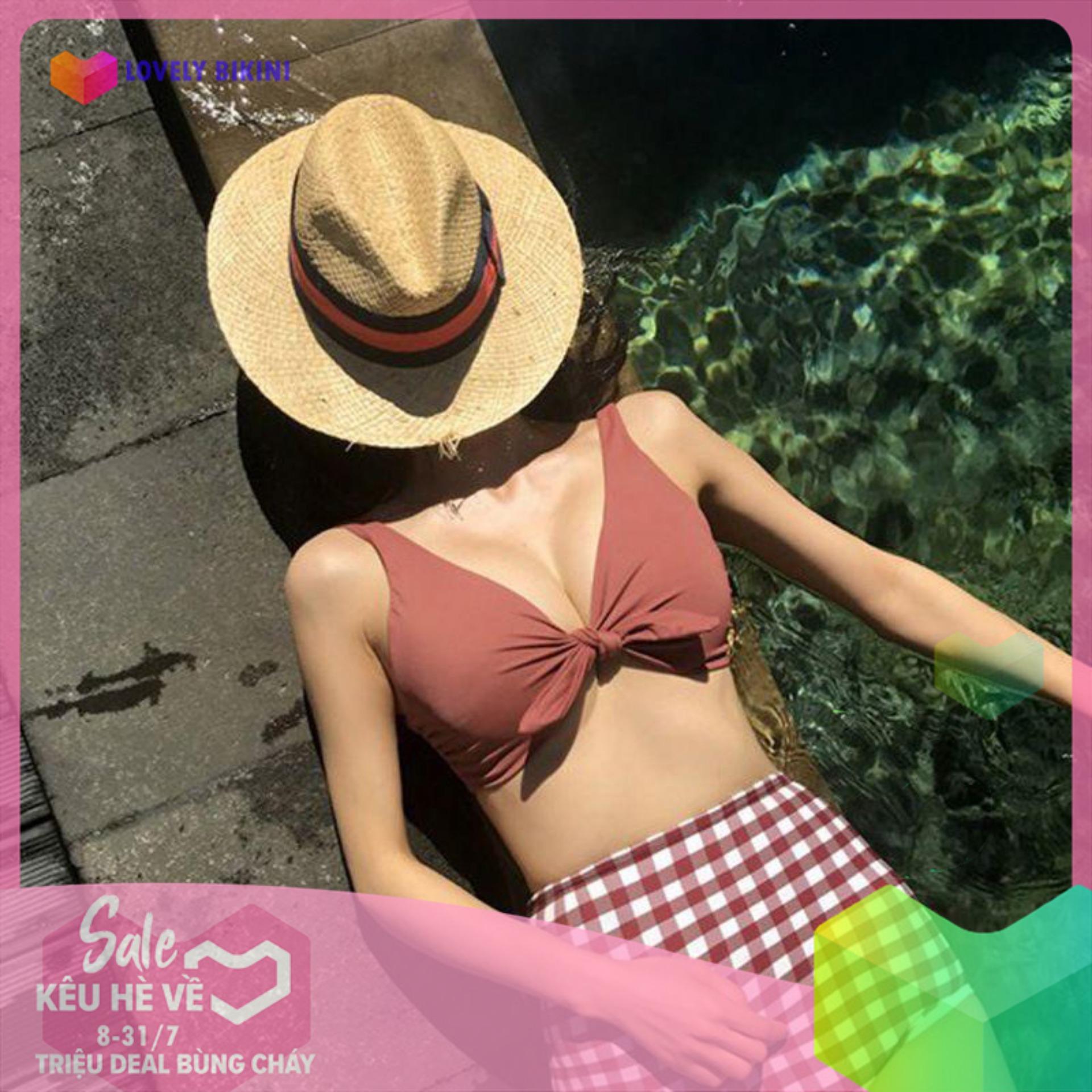 Bikini buộc nơ caro cam đất