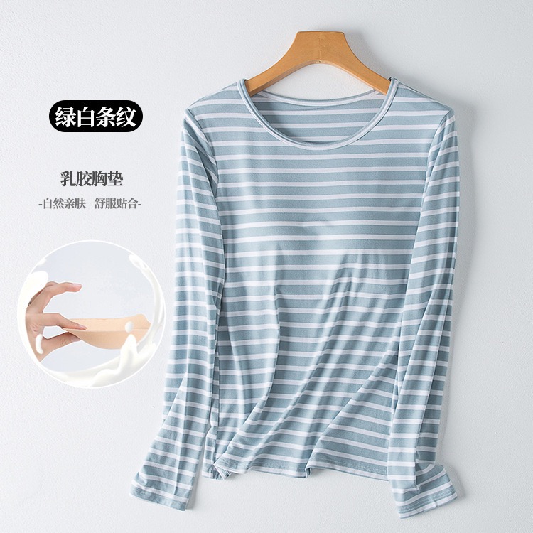 Áo cotton cổ tròn kẻ có lót ngực