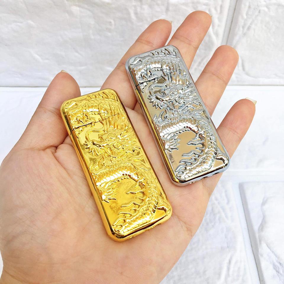 [Hcm]Embossed Stone Gas Lighter with Golden - Silver Dragon Shape