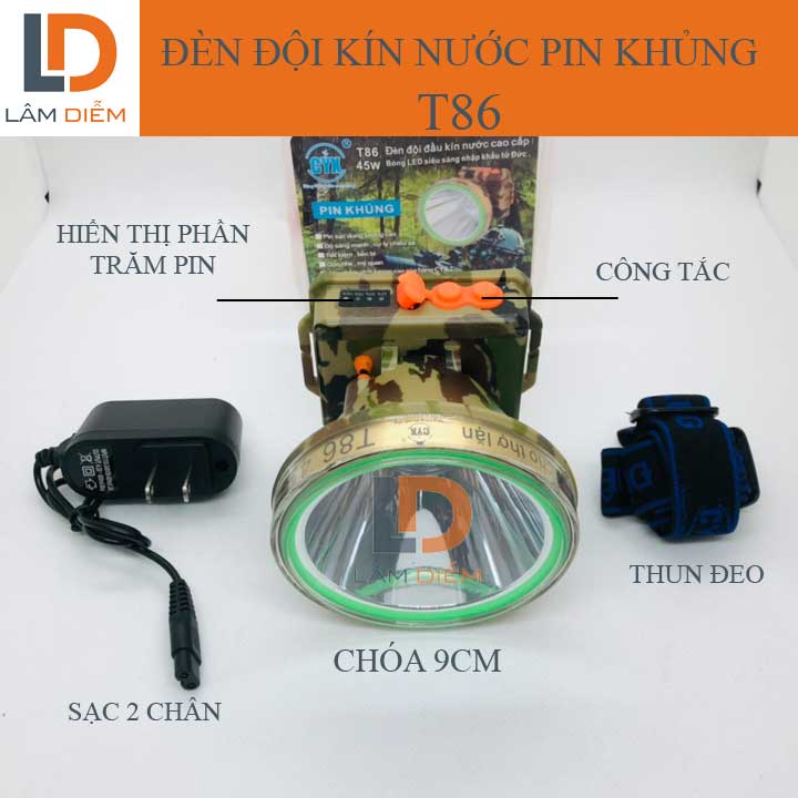 Đèn pin đội đầu siêu sáng Đèn pin đội đầu pin trâu hiển thị phần trăm pin siêu sáng kín nước t86 - t82
