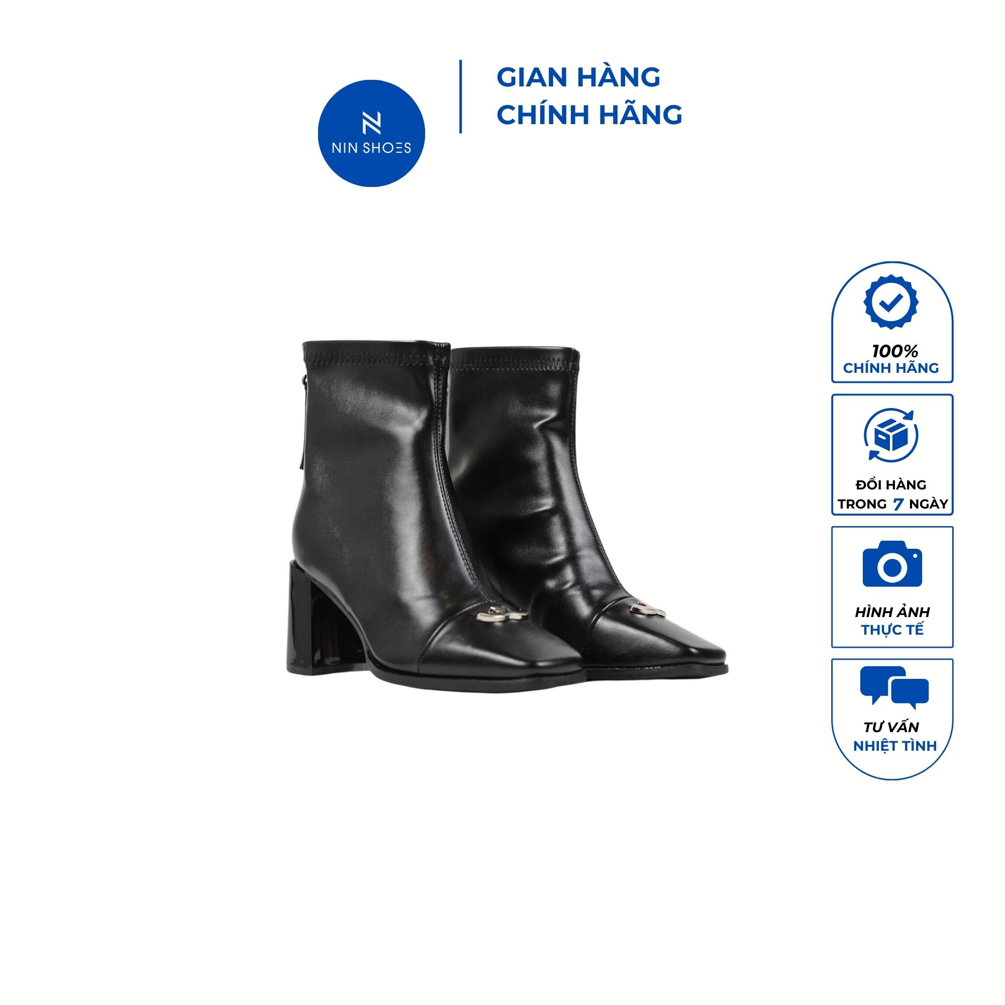 Bốt nữ cổ lửng da cao cấp ninshoes bốt nữ cao gót 7p mũi tag kim loại có khóa kéo sau tiện lợi thời trang cao cấp bom052
