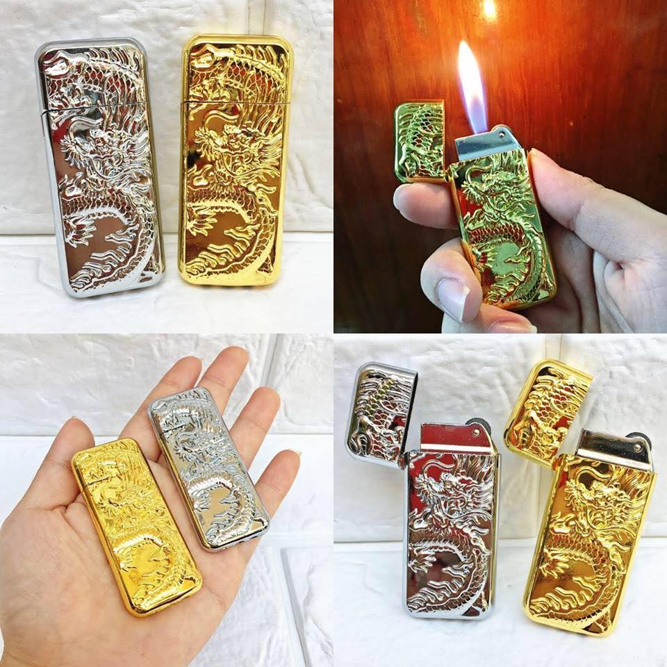 [Hcm]Embossed Stone Gas Lighter with Golden - Silver Dragon Shape