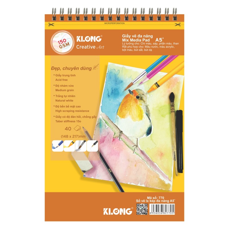 SỔ VẼ LÒ XO ĐA NĂNG KLONG CREATIVE ART A5 - 150 GSM - 40 TỜ; MS: 770 / 150 GSM - 50 TỜ; MS: 771 / A4 - 150 GSM - 30 TỜ;MS: 772