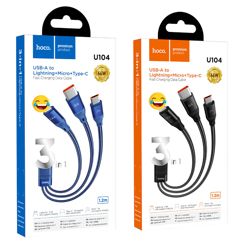 Cáp sạc 3 đầu Hoco U104 cổng microUSB / Lightning / Type-C dài 1.2M, max 6A, 66W - Nhất Tín Computer