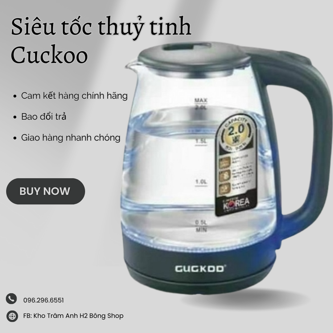 Ấm siêu tốc Cuckoo thuỷ tinh 2l có đèn led mẫu mới siêu đẹp, bình siêu tốc cao cấp