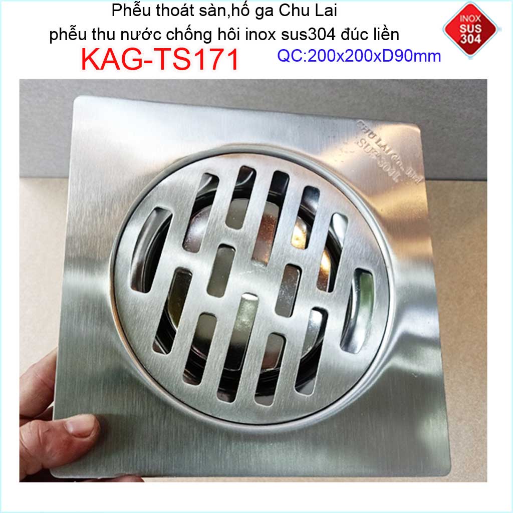 Phễu thoát sàn Chu Lai 20x20cm KAG-TS171-D90, Hố ga thoát sàn ống 9cm SUS304 inox đúc dày thoát nhanh chống hôi tốt chặn tóc tốt