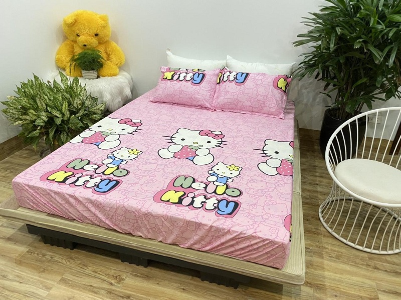 Bộ Ga Gối 3 Món Chất Liệu Cotton Poly Mẫu Hello Kitty