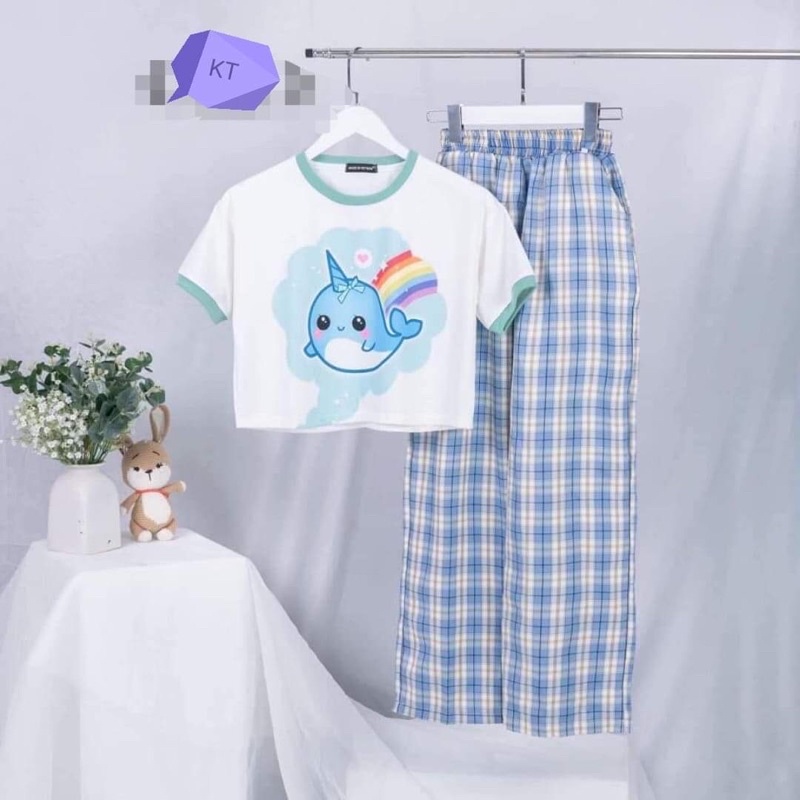 Set áo croptop viền xanh + quần kẻ ống rộng xanh Ngọc in hình cute