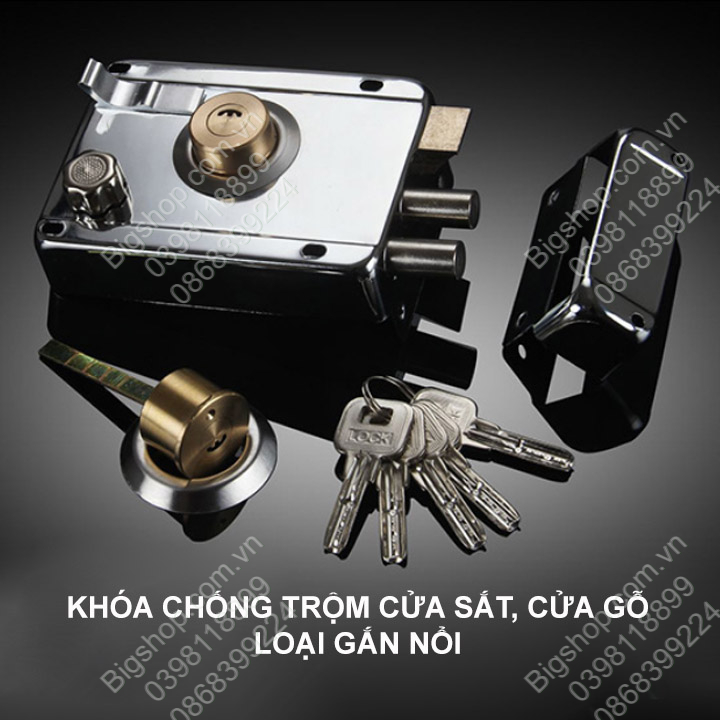 Khóa chống trộm cho cửa sắt, cửa gỗ gắn nổi, mở khóa cả trong và ngoài