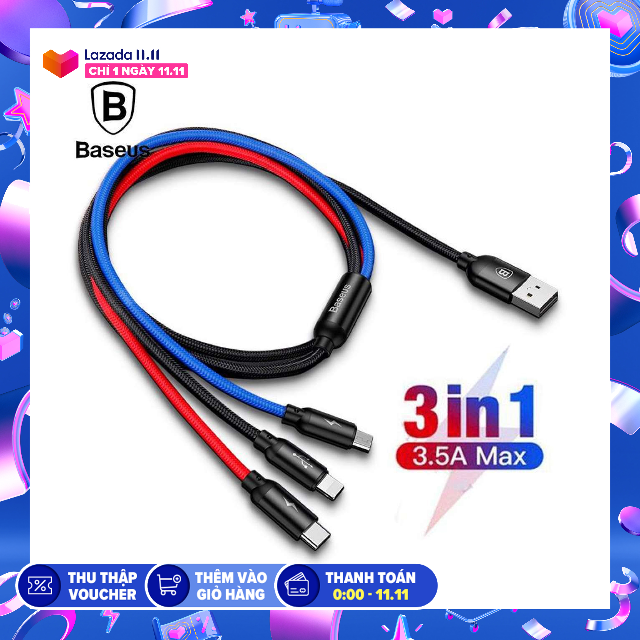 Cáp sạc và truyền dữ liệu tốc độ cao Baseus Three Primary Colors tích hợp 3 đầu kết nối Type C, Android và Lightning dài 1.2m