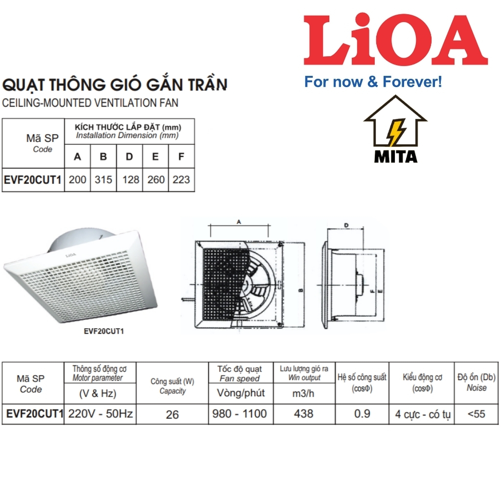 Quạt Thông Gió Gắn Trần LiOA EVF20CUT1
