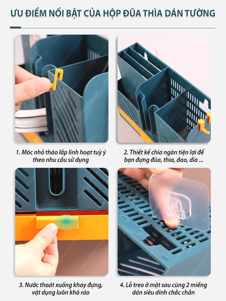 Wall-Mounted Chopsticks and Spoon Box with Lid and 3 Hooks Drainage Tray  Anti-Dirt Ecoco Super Adhesive Stickers