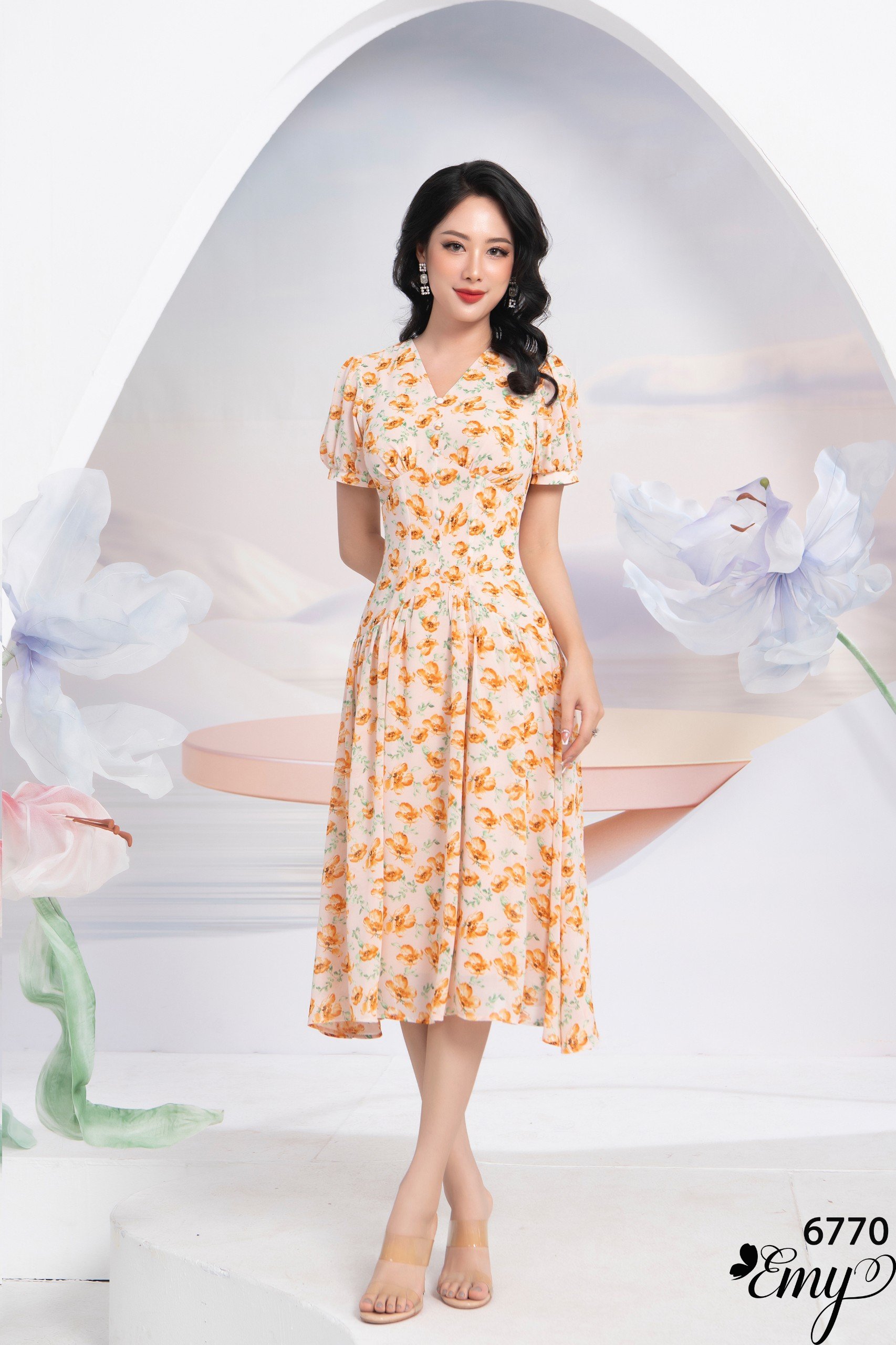 Đầm EMY EM6770 Xoè Cổ V Đính Nút