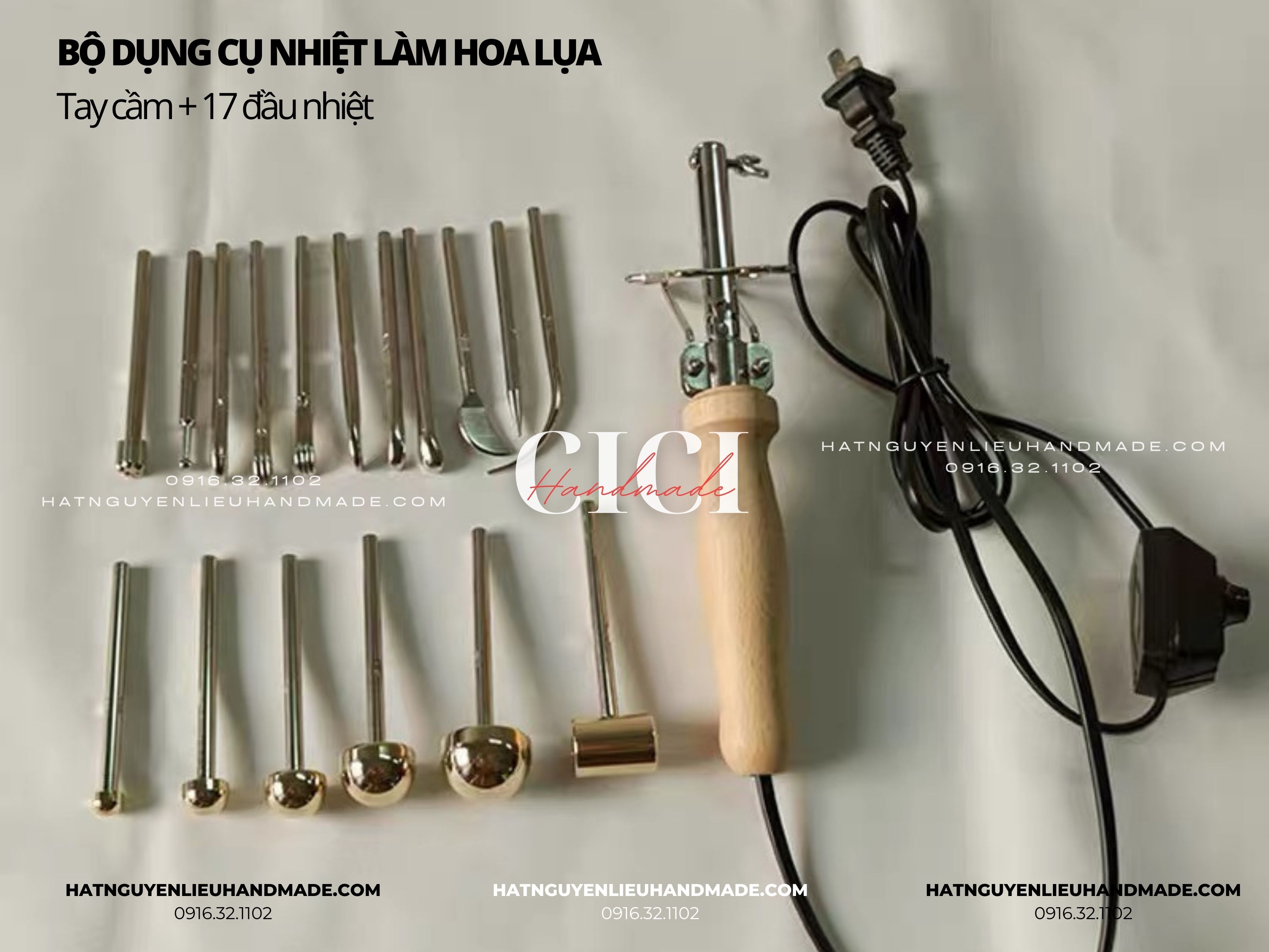 Bộ dụng cụ làm hoa lụa hoa vải 17 thanh nhiệt tạo hình cán gỗ (full hộp) Cici Handmade hạt nguyên liệu đính kết thời trang