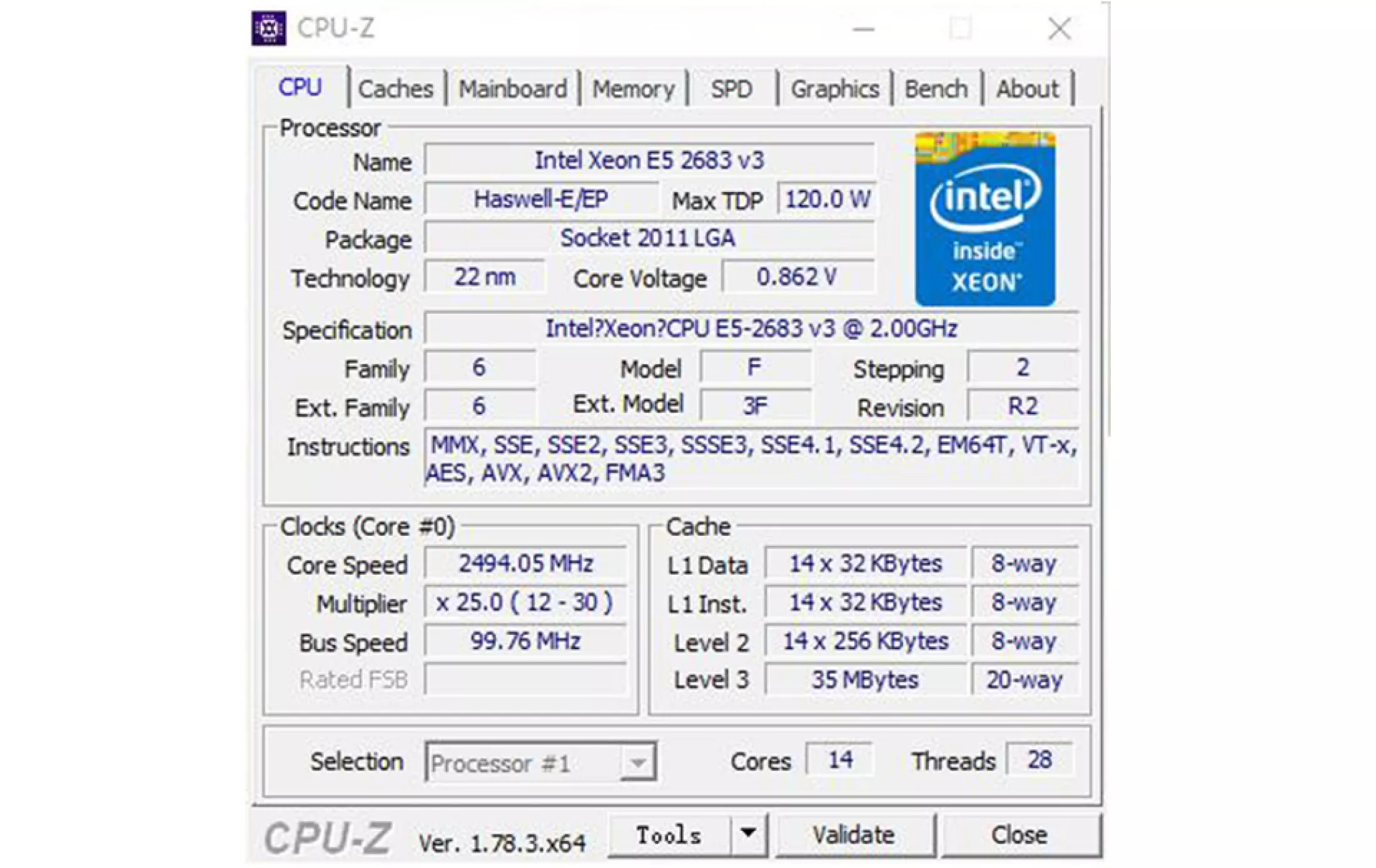 CPU INTEL XEON E5 2683V3 (14C/28T, 35M CACHE, 2.0GHZ TURBO 3.0GHZ) SOCKET 2011. Bảo hành 12T