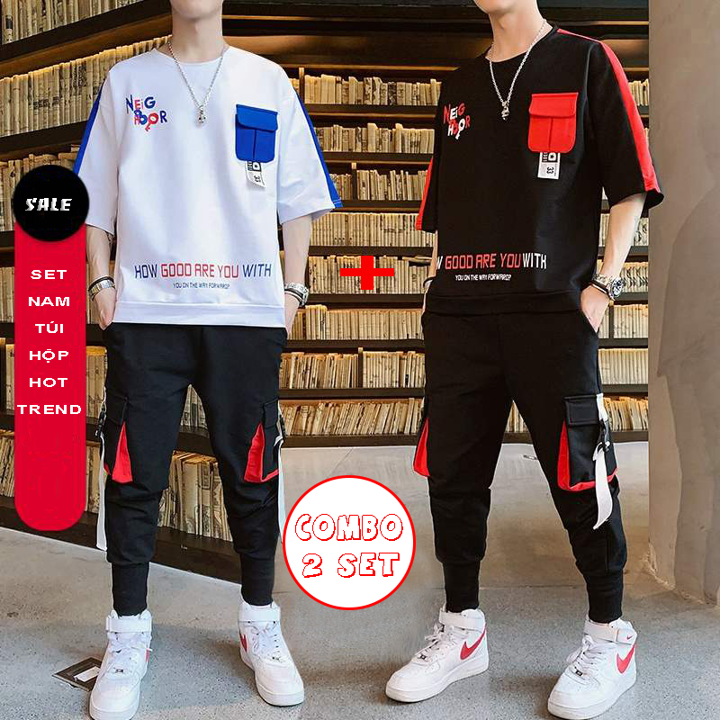 Combo 2 Bộ Quần Áo Thun Nam Thể Thao Ngắn Tay In Họa Tiết NEIGHBOR Kết Hợp Quần Jogger Túi Hộp Phối Dây Thời Trang FORYOU 2SET NAM 90000106