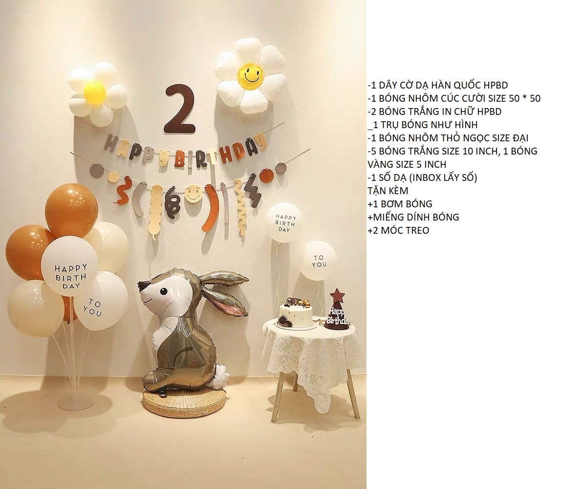 Set trang trí sinh nhật , cờ dạ hàn quốc, bóng nhôm thỏ ngọc(Hàng mẫu mới)