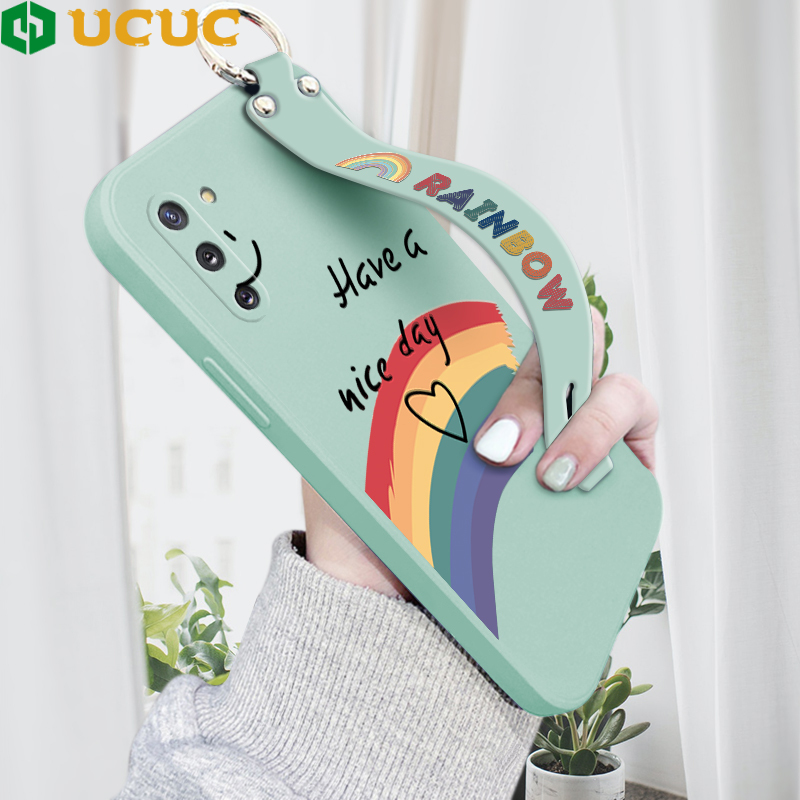 UCUC Phone Case For Samsung Galaxy Note 10 Plus Note 10 Lite / Note10 (With Wristband) Case For Grils Softcase Rainbow Smile Square Edge Liquid Silicone Full Cover Camera Shockproof Protection Cases
