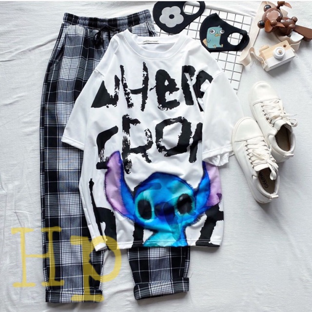 Sét áo thú xanh HE+ quần kẻ karo trắng đen THB855, Áo thun nam nữ, quần kaki, quần nữ, sét bộ mặc ở nhà, áo thun tay dài, quần jean