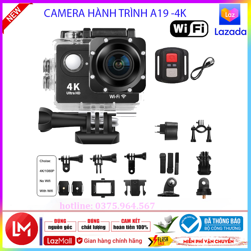 CAMERA HÀNH TRÌNH A19 -4K Full HD 1080p CÓ REMOTE FULL BOX, Camera hành trình 4K wifi A19 giá rẻ, Camera hành trình mini chống nước chống rung - camera hành trình xe máy phượt. BH 1&1 UY TÍN